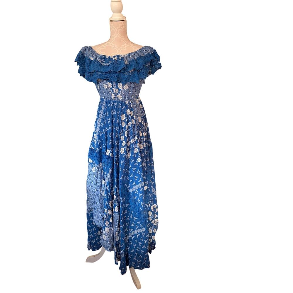 Jaase Blue Off-Shoulder Floral Maxi Dress Asymmetrical Ruffle Boho Small